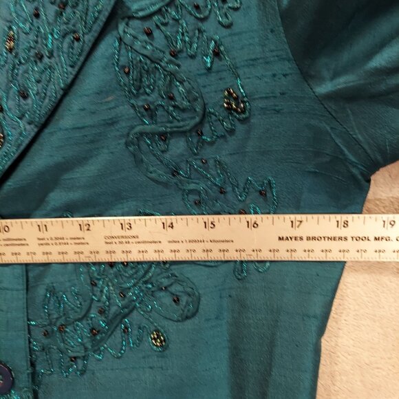 VTG Spiegel Womens S Turquoise Silk Jacket Beads Metallic Stitching Formal Party - Picture 14 of 16